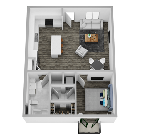 a stylized floor plan with a bedroom and living room